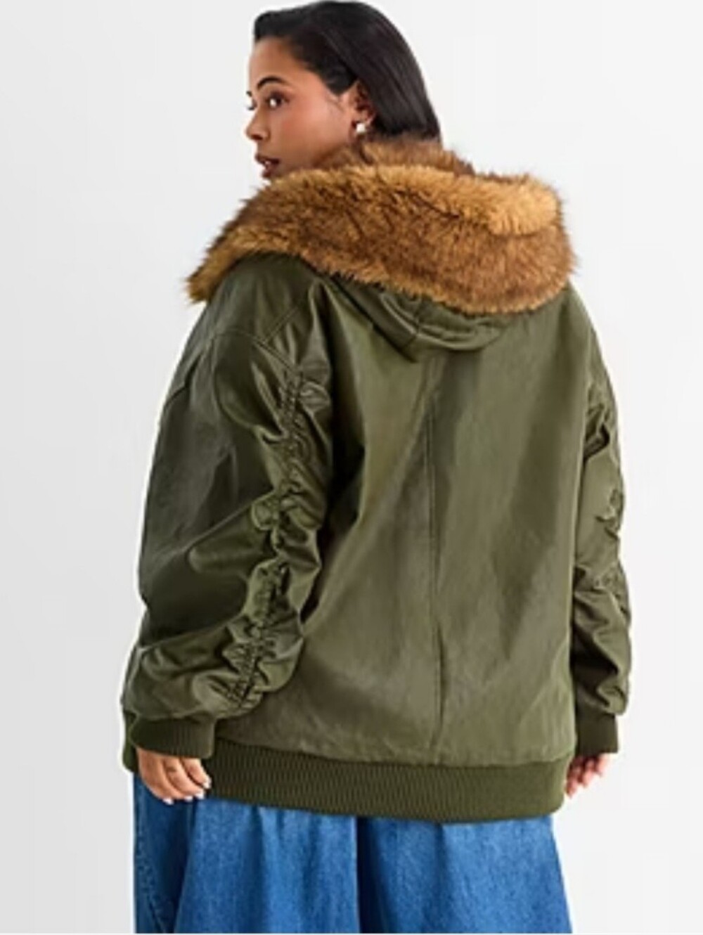 Ashley Graham Faux Leather Bomber Moto Jacket Fur Collar Olive Size 3X NEW - Picture 3 of 16